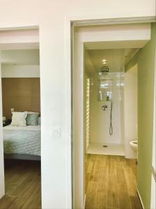 a bathroom with a shower and a bed in a room at Cap Almyra, on Lavasina Beach, Erbalunga in Brando +36 photos