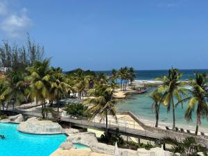 a resort with a pool and palm trees and the ocean at Le Nid d'Amour Créole - Studio romantique avec accès au lagon et à la piscine XXL de 1 000 m2 - Saint-François in Saint-François