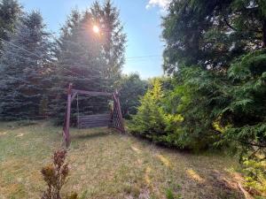 a wooden bench in a field with a street light at Domek wakacyjny agroturystyka, Długie Grodzieckie 10 in Wszebory