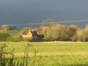 a house in the middle of a green field at Debdale Bus Retreat in Little Dalby