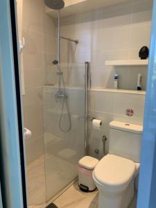 a bathroom with a shower and a toilet at Amfiteatriko Studio Sea View Oropos Attiki in Kalamos +28 photos