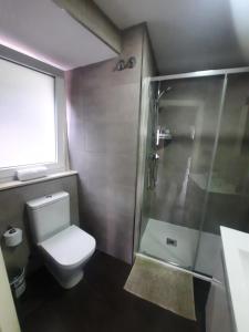 a bathroom with a toilet and a glass shower at Vista Real in Mugardos