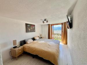 a bedroom with a bed and a large window at Lodge Les Cariolettes in Font-Romeu-Odeillo-Via