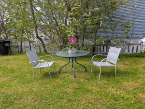 two chairs and a table with a vase of flowers on it at Eastpoint Cozy Apartment in St. John's
