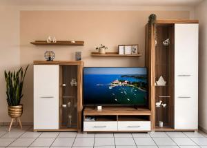 a living room with a tv in a entertainment center at bleib. Boutique Fewos Bodensee in Radolfzell am Bodensee
