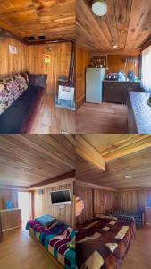 a collage of four pictures of a room with a bed at Gomismta Golden Hour Cottages in Gomi +1 photo