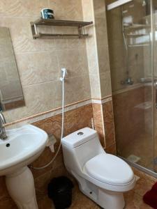 a bathroom with a toilet and a sink and a shower at Floma Homes in Nairobi +12 photos