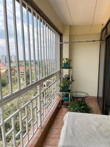 a room with a balcony with windows and plants at Floma Homes in Nairobi