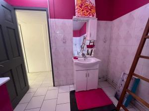 a pink bathroom with a sink and a mirror at Villa LA SUZANNA in Pointe-Noire +16 photos