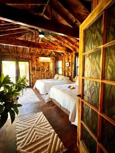 a bedroom with two beds and a wall with windows at JAWS Retreat Bungalow in Haleiwa