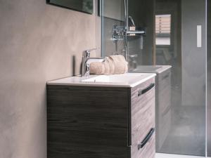 a bathroom with a sink and a shower at Alpenlodge Steiger in Neukirchen am Großvenediger +44 photos