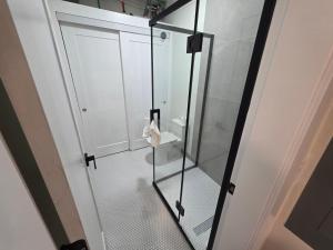 a glass shower door in a bathroom with a toilet at Lakeview Main Floor Suite 104 in Peachland +23 photos