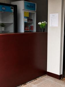 a counter with flowers on it next to a refrigerator at EL Viajero ll in Estelí