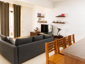 a living room with a couch and a television at Estudio Frente al Mar Solo Adultos in La Laguna