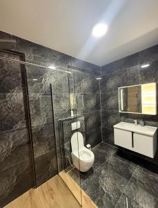 a bathroom with a toilet and a glass shower at Euro Hotel in Peje +8 photos