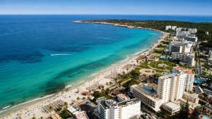 an aerial view of a beach and the ocean at Apartment with pool in Cala Millor in Cala Millor