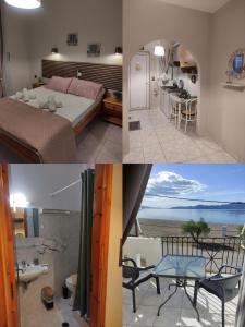 a collage of four pictures of a bedroom and a bathroom at Alisaxni Studios in Pefki