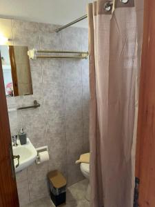a bathroom with a shower and a toilet and a sink at Alisaxni Studios in Pefki