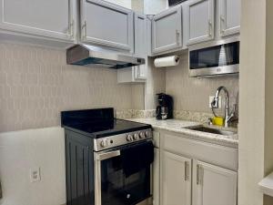 a small kitchen with a stove and a sink at Athens Hotel & Suites in Houston