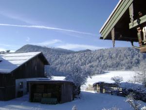 pokryty śniegiem budynek z widokiem na góry w obiekcie Haus Egger w mieście Reit im Winkl
