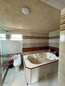 a bathroom with a bath tub and a toilet at Cabaña La Colina in Sutatausa