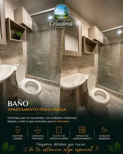 a advertisement for a bathroom with two toilets and a sink at crisalma 1 in La Tebaida