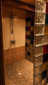 a bathroom with a shower with a tiled floor at The DACHA escape in Viimsi +18 photos