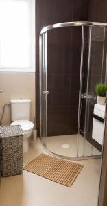 a bathroom with a shower with a toilet and a rug at Terra boho apartment in Ambelákia