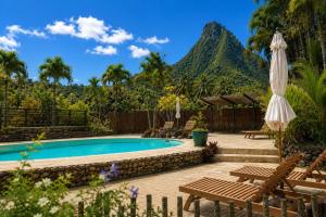 a resort pool with a mountain in the background at Eco Lodge Village Temanoha in Paopao