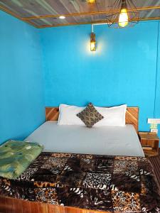 a bedroom with a bed with a blue wall at Pulga Inn in Kalgha