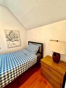 a bedroom with a bed and a table with a lamp at Cozy Full House 3 bedrooms in Regina