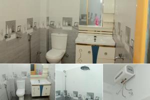 two pictures of a bathroom with a toilet and a sink at Villa Deniyaya in Deniyaya