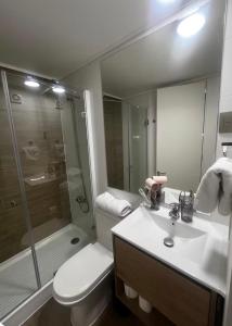 a bathroom with a toilet and a sink and a shower at Despierta con una vista impecable cada mañana in Coquimbo +5 photos