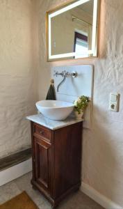 a bathroom with a white sink and a mirror at Wohnung beim Kodderey ruhig und herzlich in Neuhof +16 photos
