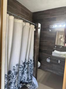 a bathroom with a toilet and a shower curtain at DEPARTAMENTO SOL Y MAR in San Carlos