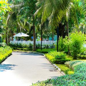 a driveway with palm trees and a white fence at Cozy Skyline Escape 2Bedroom Near Hanoi Major Business District in Hanoi