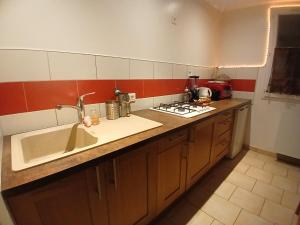 a kitchen with a sink and a stove at Chez Lulu Grand Studio Cote Jardin avec Veranda in Saint-Sernin +17 photos