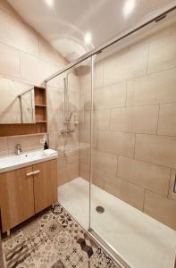 a bathroom with a shower and a sink at Maison RoHa - B&B & Wellness in Dinant