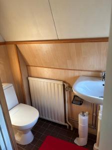 a small bathroom with a toilet and a sink at Sjötomt med bastuflotte & badtunna - lantlig idyll in Vingåker +45 photos