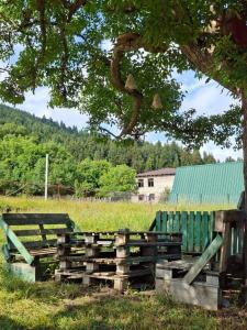 a wooden fence in a field next to a tree at Qiwi Cottege Mzetamze in Timotisubani +30 photos