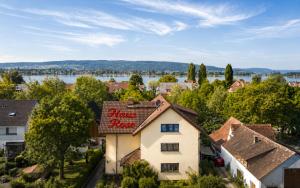 an overhead view of a house with a sign on it at Haus Rose in Allensbach
