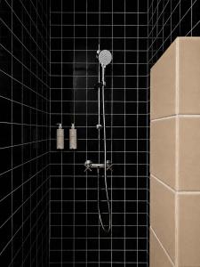 a shower in a black tiled bathroom with at Hôtel Le Voltaire in Arles