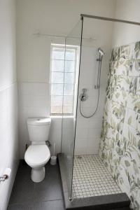 a bathroom with a toilet and a shower at Joe's Place Self-Catering in Windhoek