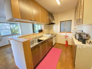 a kitchen with wooden cabinets and a red rug at トラストメゾン西伊豆 in Ukusu