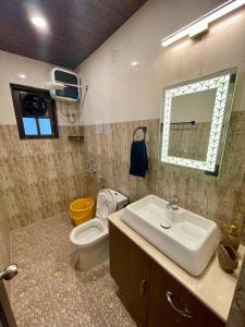 a bathroom with a sink and a toilet and a mirror at Tropical Haven in Panaji