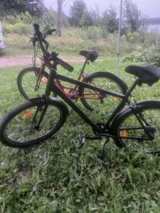 two bikes parked on the grass in a field at Alberta Dīķi in Upesciems