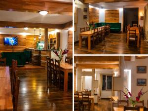 two pictures of a restaurant with tables and chairs at Cabana Xtreme - Valiug in Văliug