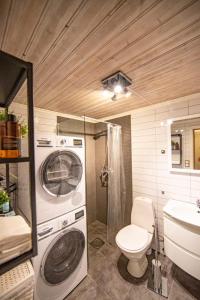 a bathroom with a washing machine and a toilet at Auntie Laurentze's house in Haugesund