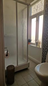 a bathroom with a shower with a toilet and a window at Vårsol Overnatting i Vardø centrum in Vardø +8 photos