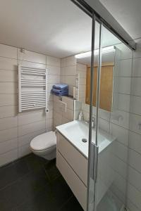 a white bathroom with a toilet and a sink at Studio bim Chalet bim Chilchli in Mürren +13 photos